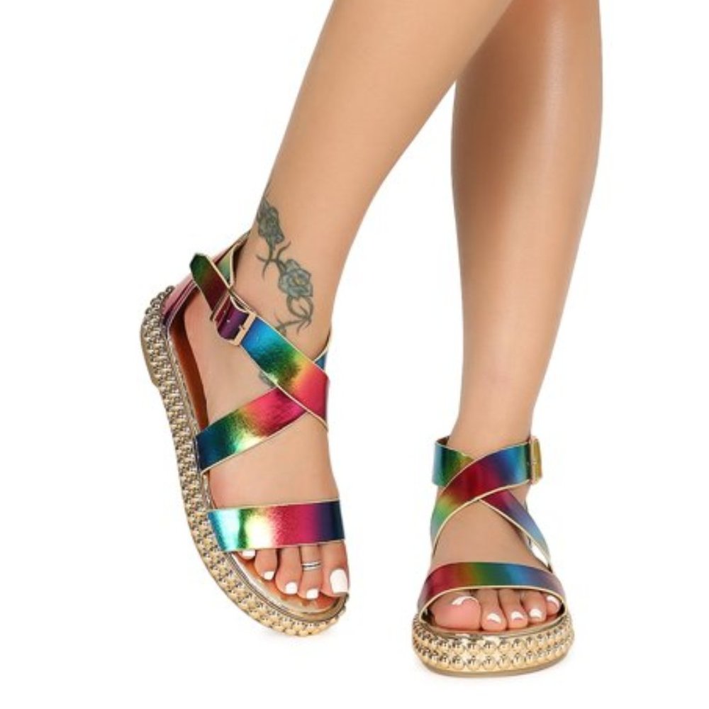 Bamboo Women Studded Midsole Open Toe Flatform Sandal -Rainbow Metallic